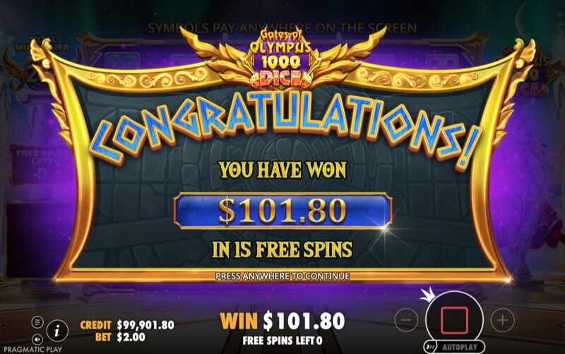 Gates of Olympus 1000 Dice — free spins total win