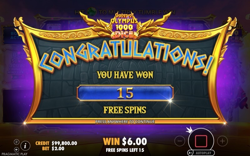 Gates of Olympus 1000 Dice — free spins triggered
