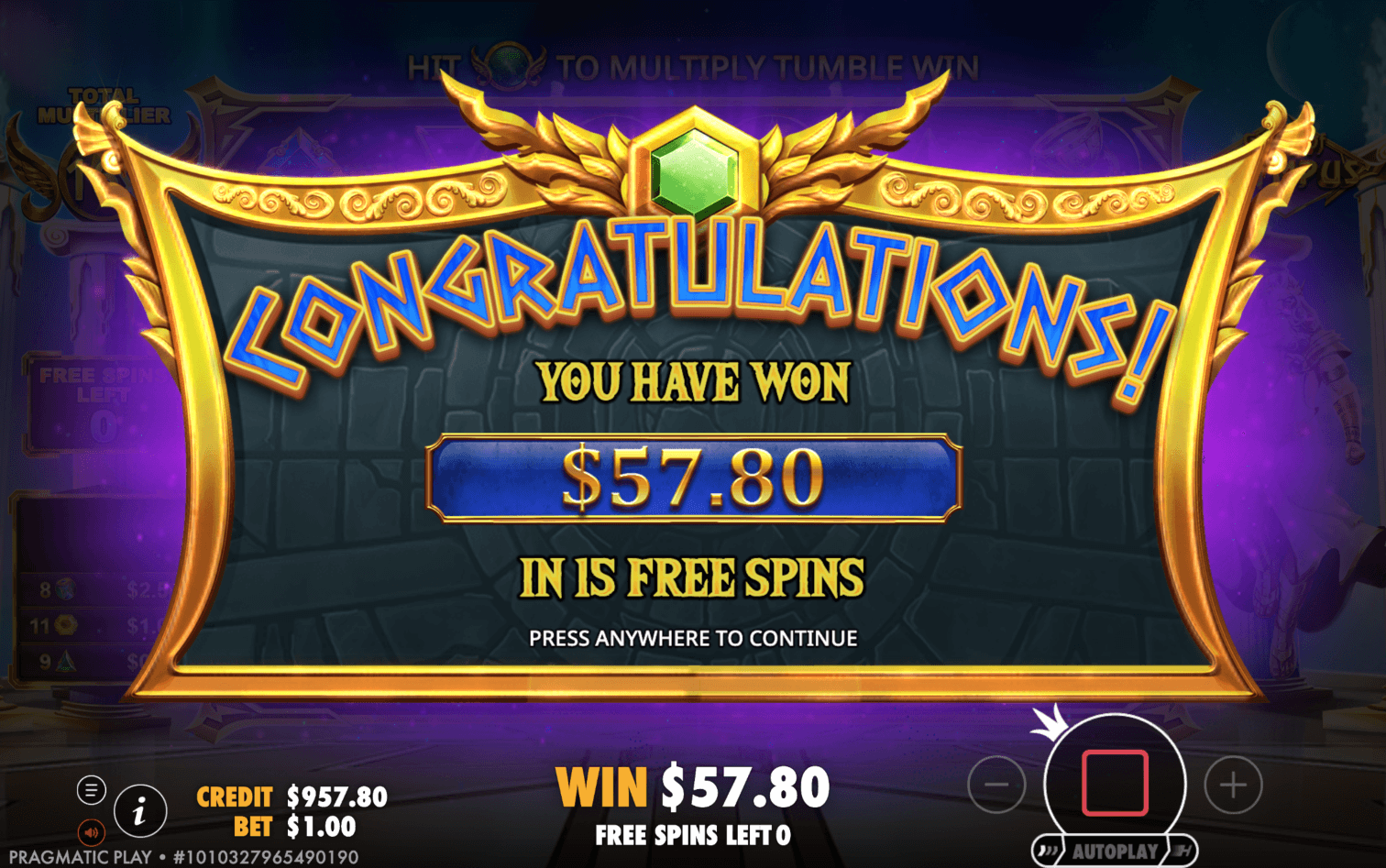 Gates of Olympus — free spins total win