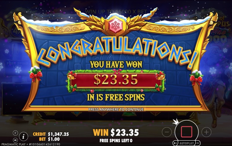 Gates of Olympus Xmas 1000 — free spins total win
